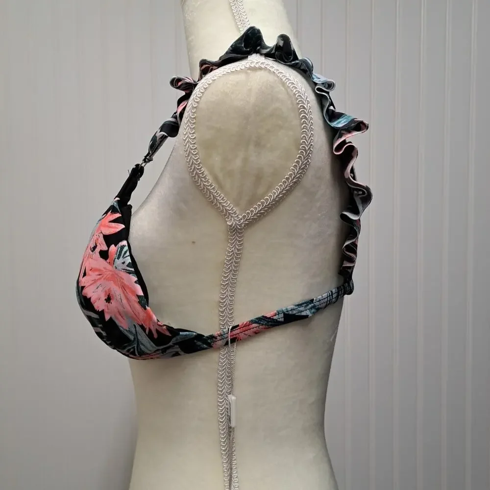 NWT Mermaid Bikini Swim Top Womens L Black Tropical Removable Pads Ruffle Straps